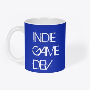 Indie Game developer mug. Avilable in blue with white text, 11 oz